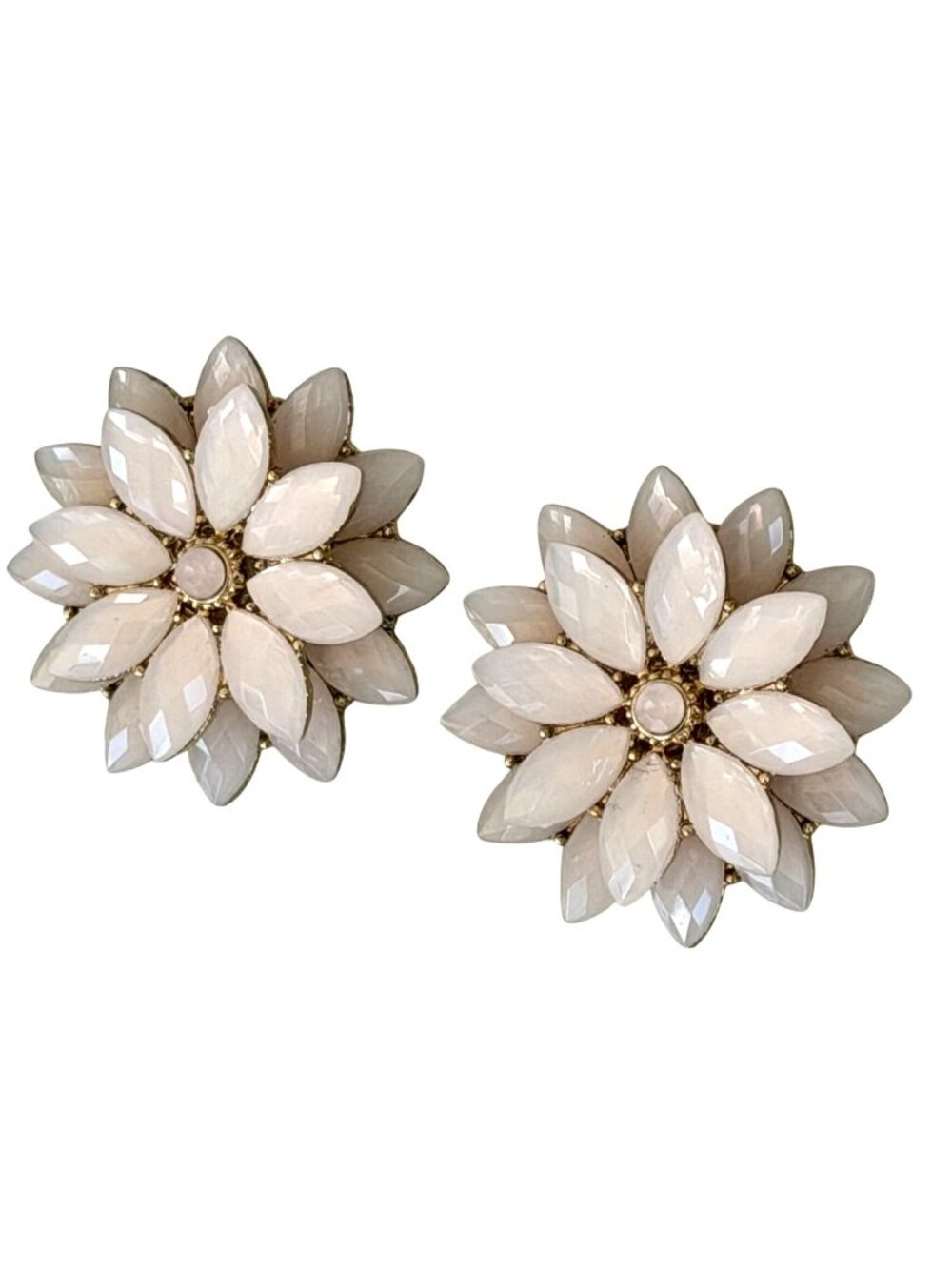 Vintage Large Flower Cluster Clip Earrings Pearlescent White Marquise LC Conrad